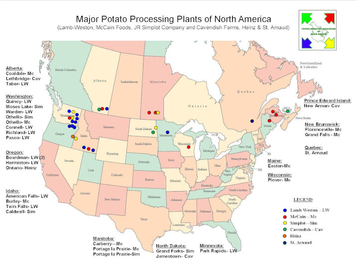 map of major potato processing plants in North America